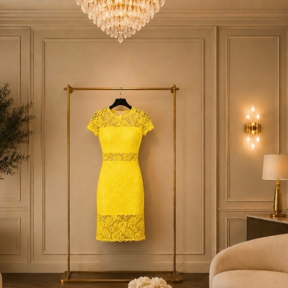 NSR Yellow Lace Midi Dress NWT Medium Sheath Cocktail Wedding Guest Party Chic
